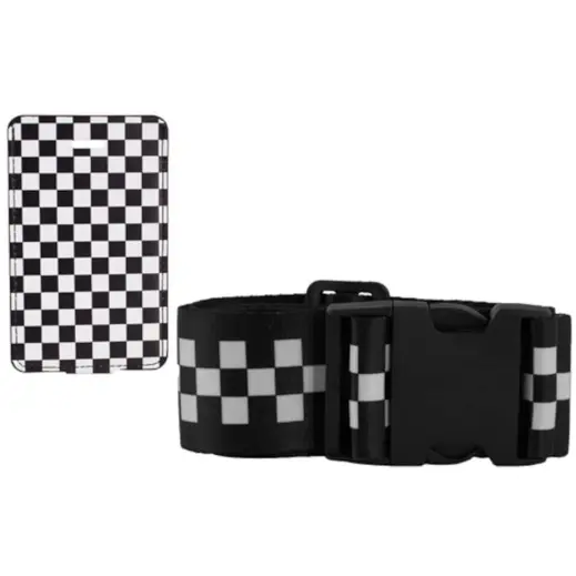 Checkered Luggage Strap & Tag Black-White Front